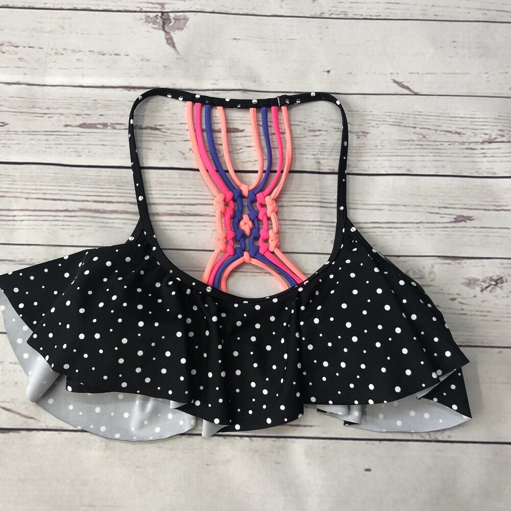 California Waves Juniors Dot Flounce Macramé Bikini Top Size M Black Strappy New